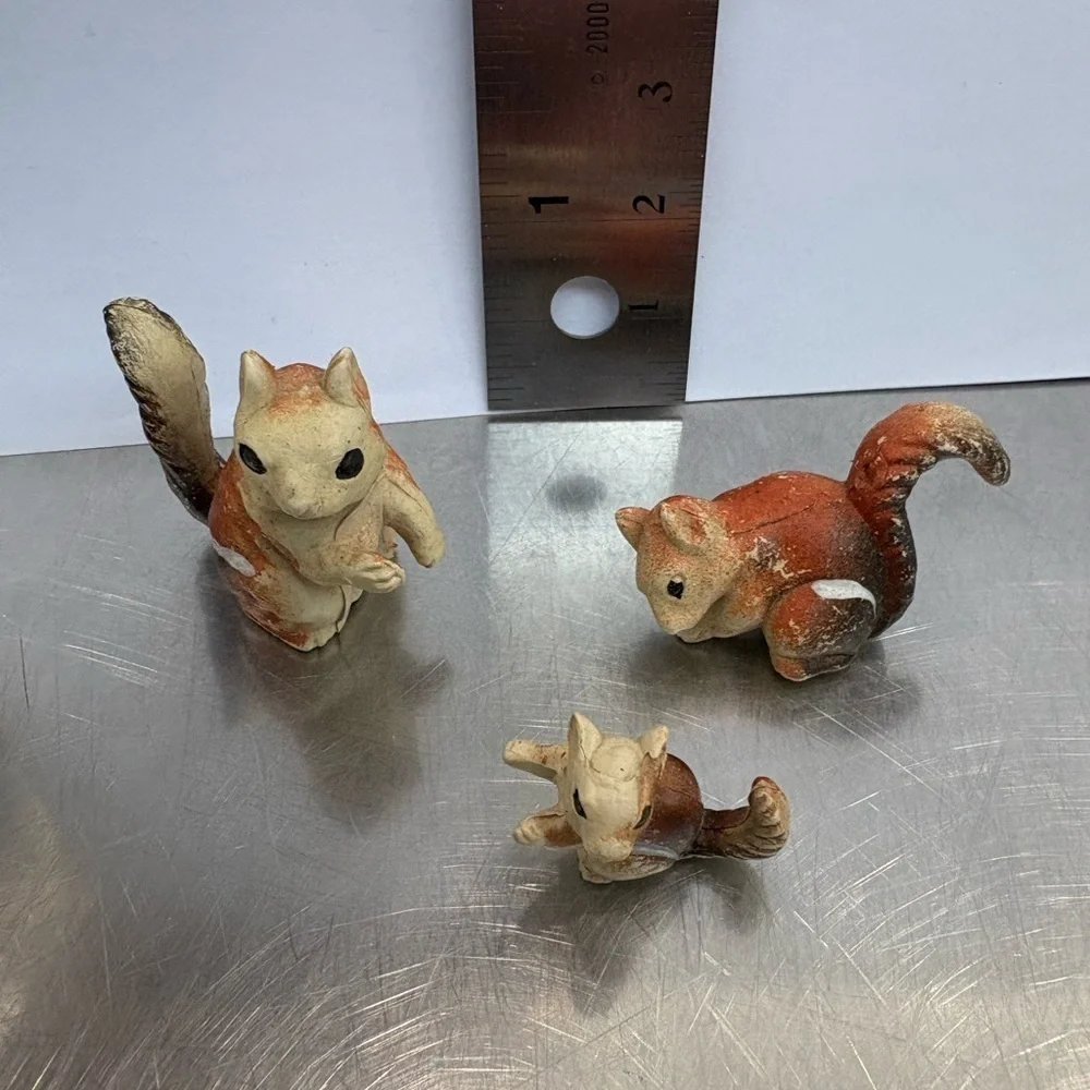 3 Vintage Plastic Squirrel Figurines Toys - Marked Hong Kong Mini Miniature